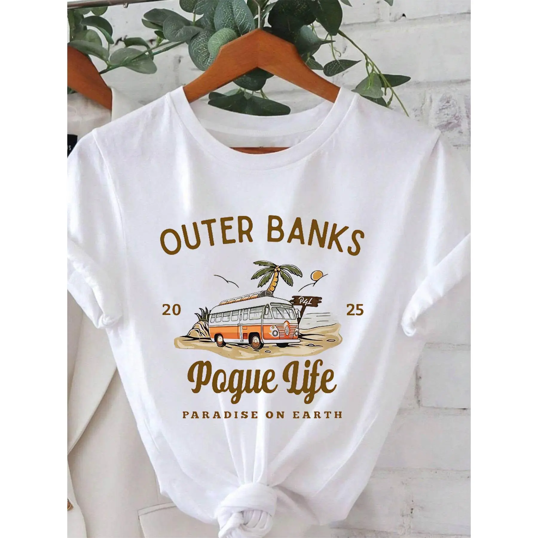 180gPlus Size, Plus Size - Plus Size Wo Retro Outer Banks "Pogue Life" Graphic Tee - Vibrant Van and Palm Tree Design, Casual Crew Neck, Stretchy Blend, Perfect for Spring/Summer, Beach Clothing Playful Print Medium Elasticity