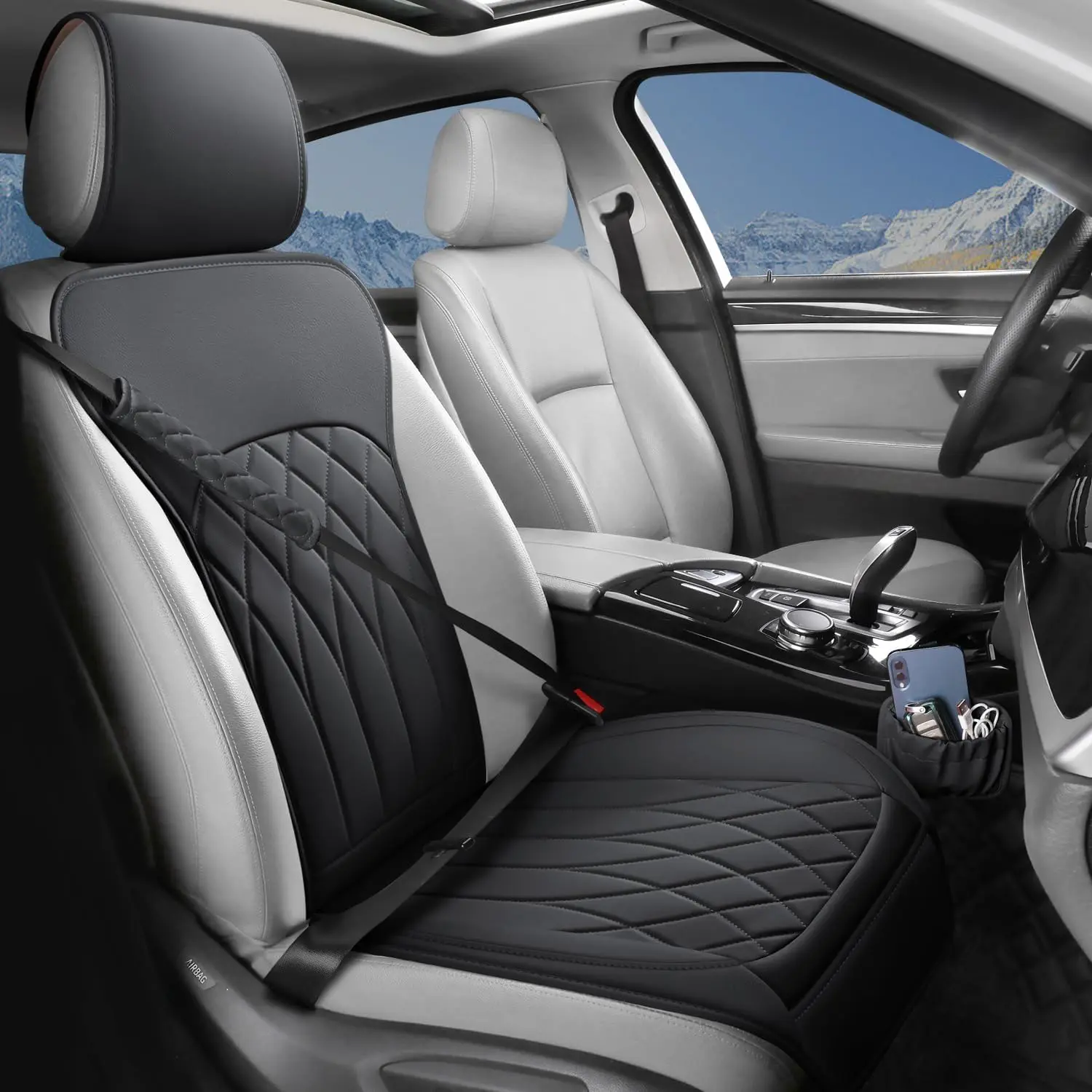 1 Pack Leather Front  Seat Cover,  Sideless  Seat Protector with Storage Pocket and Seat Belt Pad,  Automotive Seat Cover   SUV(Black)