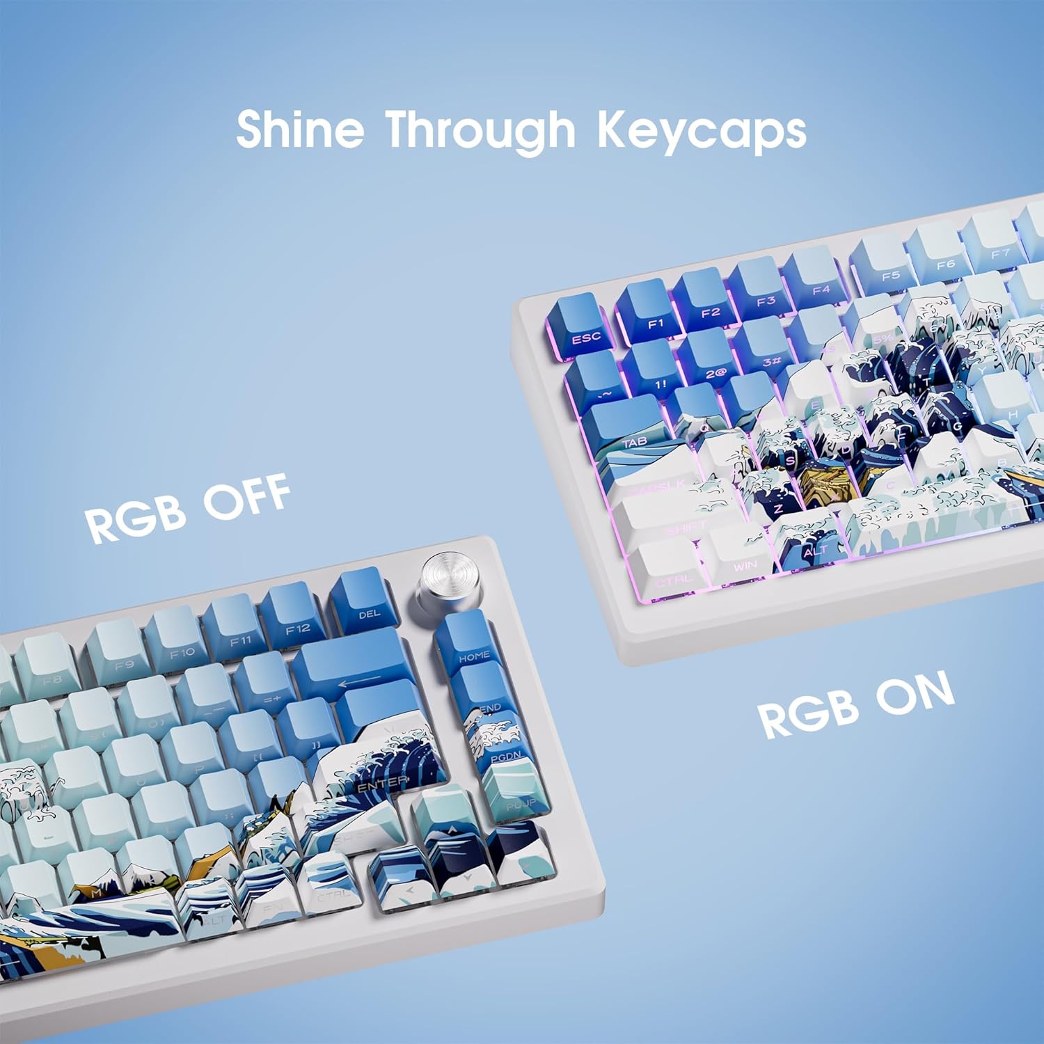 XVX Shine Through Keycaps, Side Print PBT Keycaps 75 Percent Dye Sub, 131  Cherry Profile Custom Keycaps 60 Percent, Wave of Kanagawa Double Shot Keyboard Key caps for Mechanical Keyboards