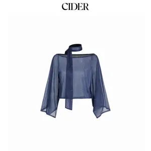Cider Sheer Glitter Chiffon Boat Neck Top with Scarf