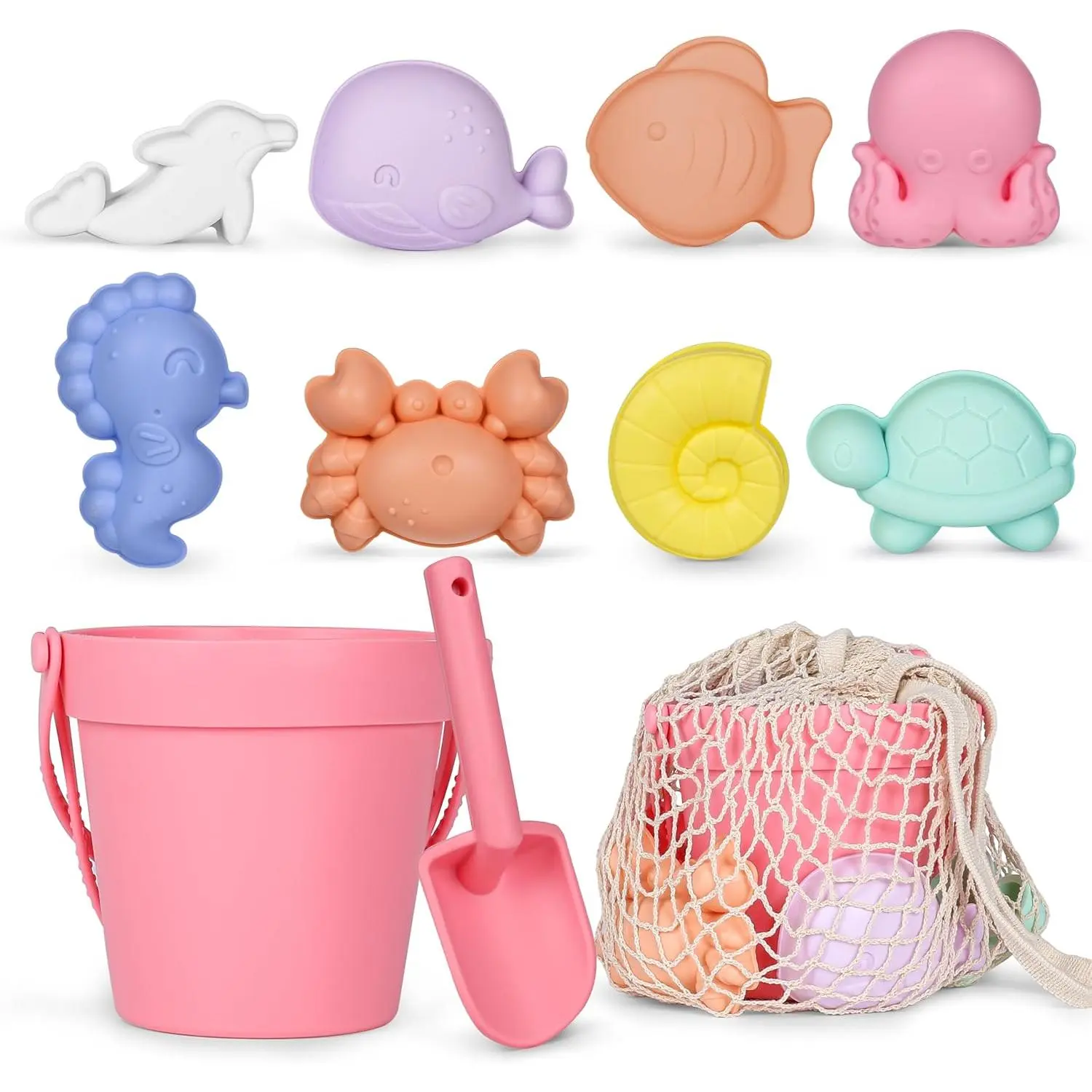 11Pcs Silicone Beach Toys Set for Toddlers & Kids - Modern Travel Friendly Eco Friendly Toy Includes Bucket, Shovel, 8 Sand Molds, Beach Bag (Peach Pink)