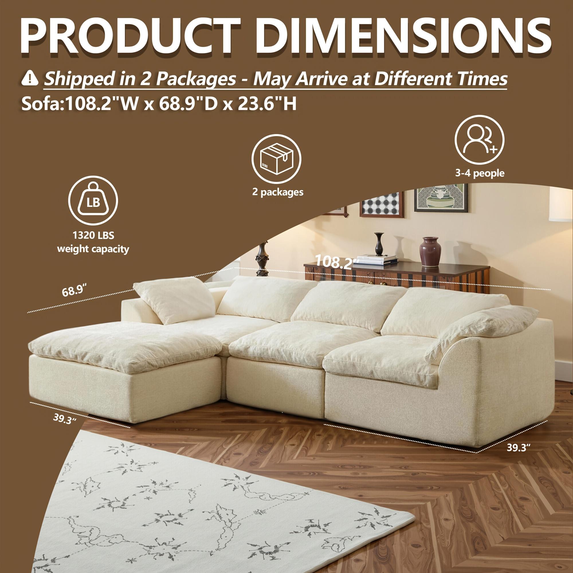 【1/2 Packages】108"Cloud Couches for Living Room, Boneless Couch L-Shape Comfy Sofa Modern Modular Sectional Sofa with Ottoman, Compressed Sofa, Cloud-Like Comfort, Flexible Modular, No Assembly Needed