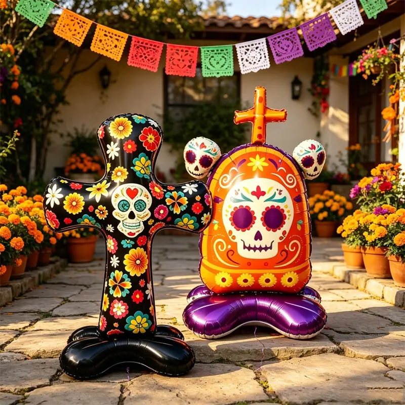 1pcs/2pcs Halloween Cross &Tombstone Foil Balloons, Featuring floral and sugar skull patterns, Perfect for Day of the Dead Parties, Latin Culture Events, Day of the Dead Yard/Indoor Decor, Exotic Halloween Party，Festival Market Decorations