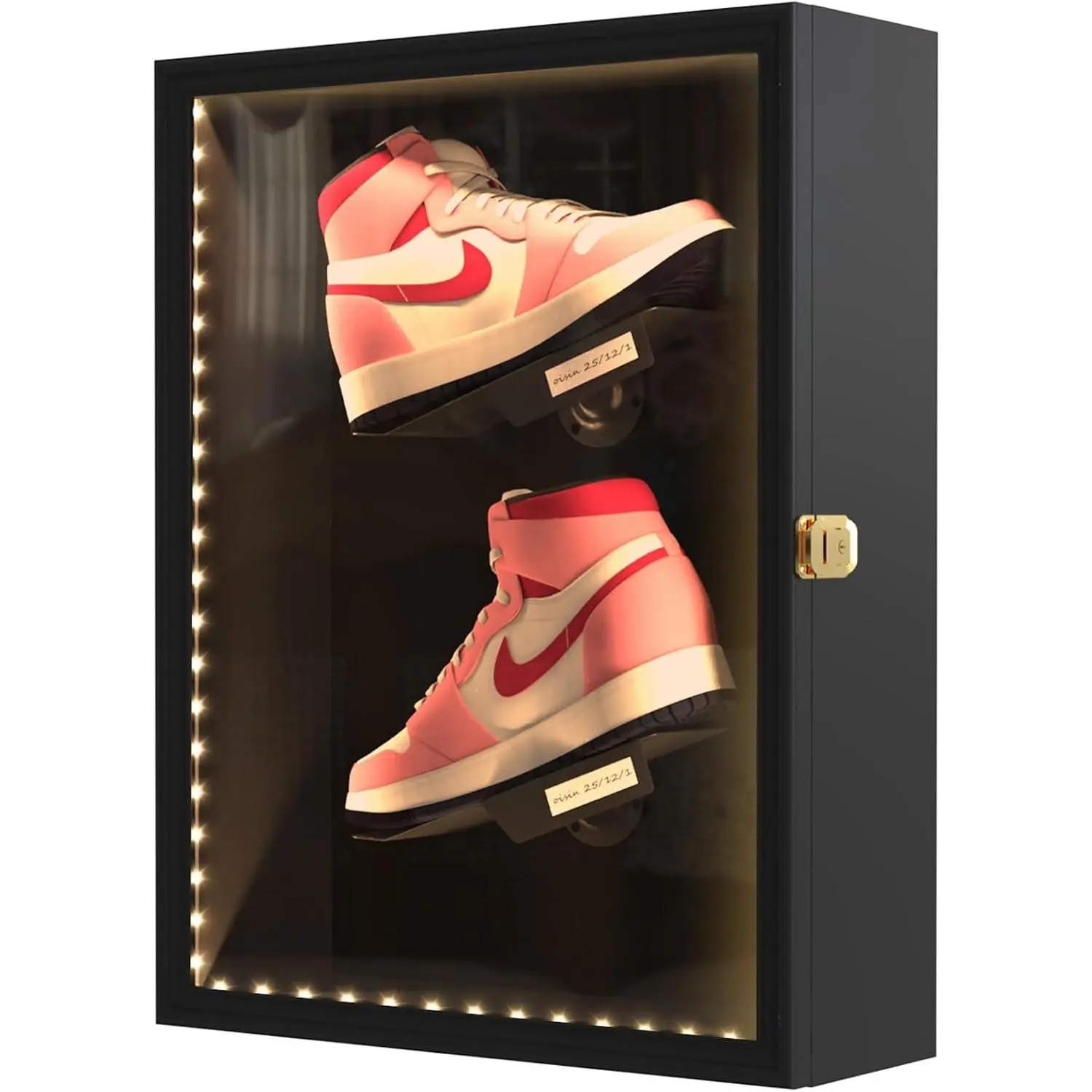 Shoe Display Case with LED Light, Wall Mounted Sneaker Case | with 2 Floating Shoe Display Shelves, Clear Shoe Box with Anti-Fade UV Protection  Door and Lock, 16.5"Wx6"Dx21.5"H