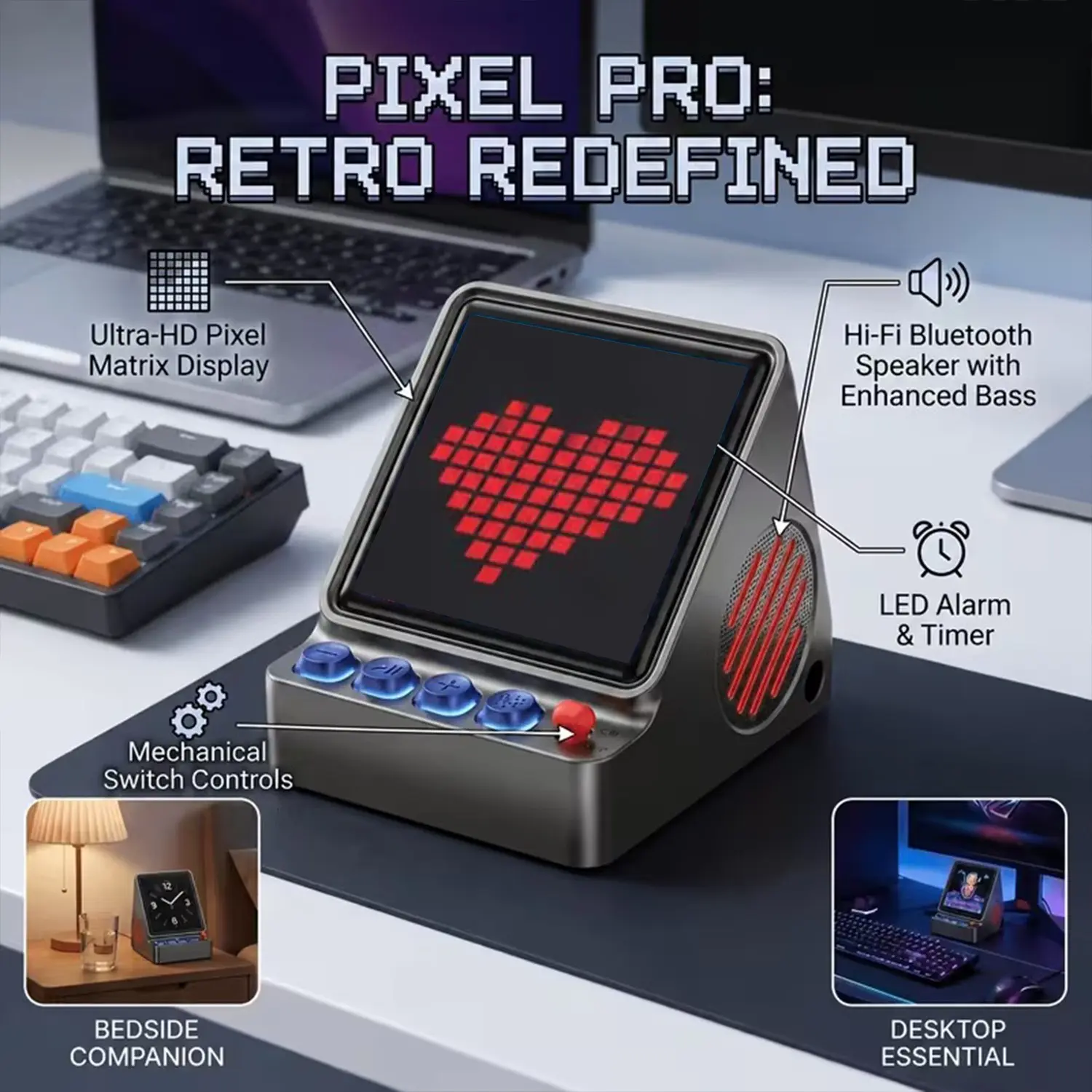 DIY Pixel Art Bluetooth-compatible Speaker, Portable Wireless Speaker with LED Display, Custom Animations, Smart Alarm, Retro Desk Decor Gift, Desktop Speaker