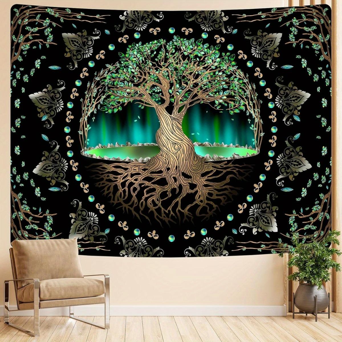 Large Tree of Life Tapestry Wall Hanging - Green Nature-Themed with Roots & Branches Design, Durable Fabric for Bedroom, for party & Festival Decor (Halloween/Christmas/Día de los Muertos) - Boho Decorations, Easy