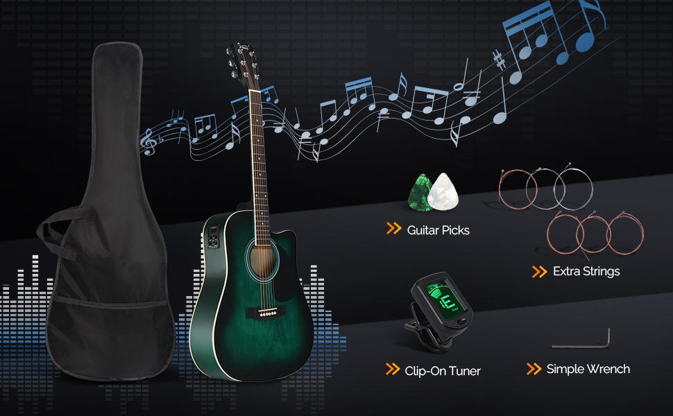 GLARRY Full Size 6 Strings Acoustic Electric Guitar Beginner Kit, Cutaway 41 Inch Electric Acoustic Guitar w/Inbuilt Tuner, Bag, Strap, Picks, Strings, Basswood Guitarra