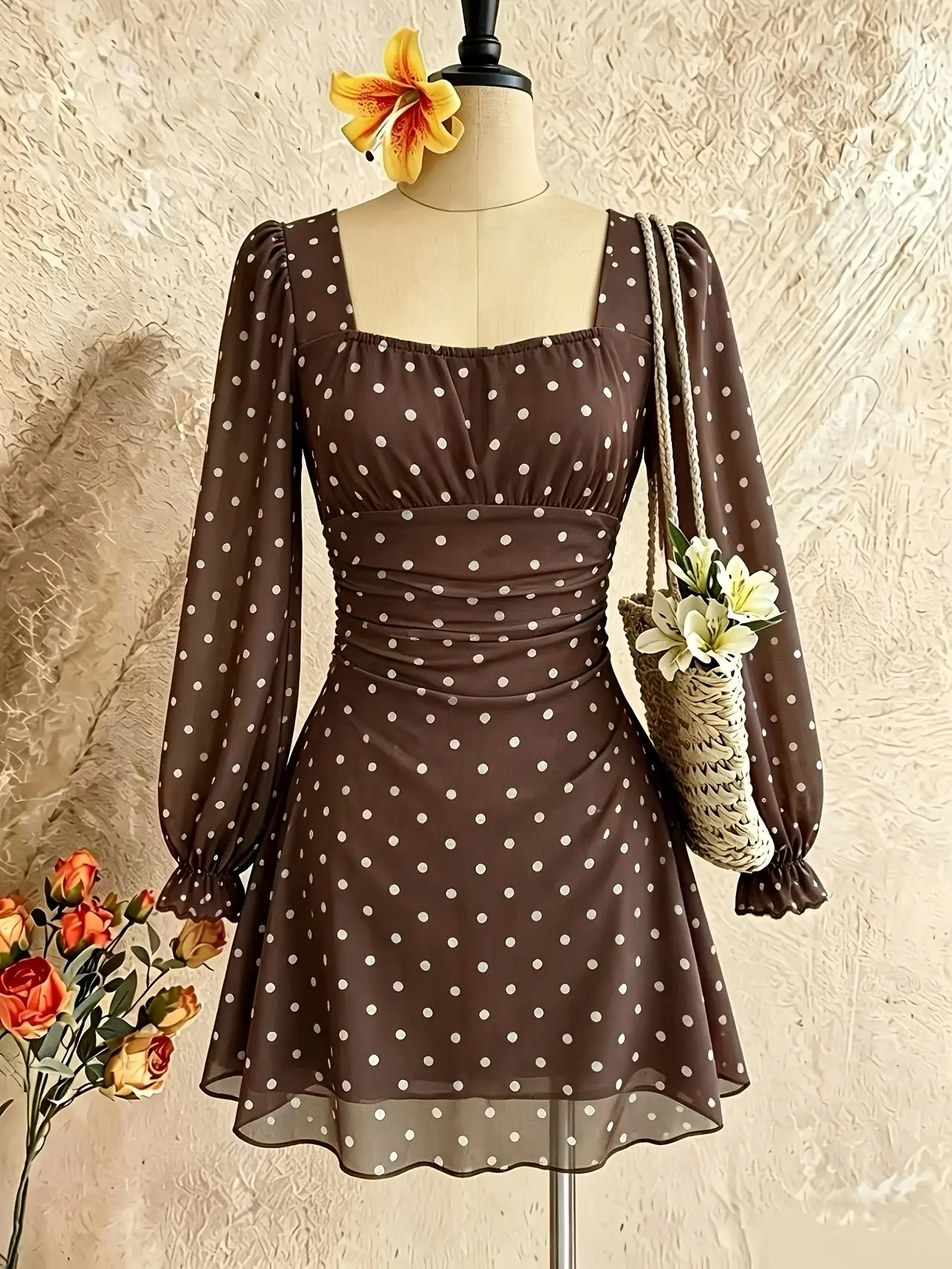 French Square Neck Polka Dot Dress, Long Sleeve Fitted A-Line Skirt, Spring Fall Retro Pure Desire Style, Perfect for Dates and Vacations
