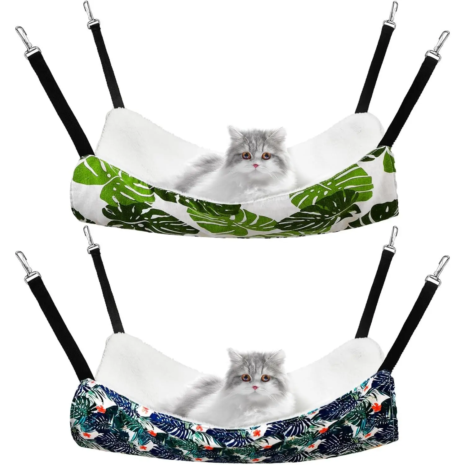 2 Pack Reversible Soft Cat Hammock for Cage, Catio Accessories - Double-Sided Linen & Fleece Hanging Cat Bed with Adjustable Straps & Hooks for Cats Kitten, Monstera Leaf, L