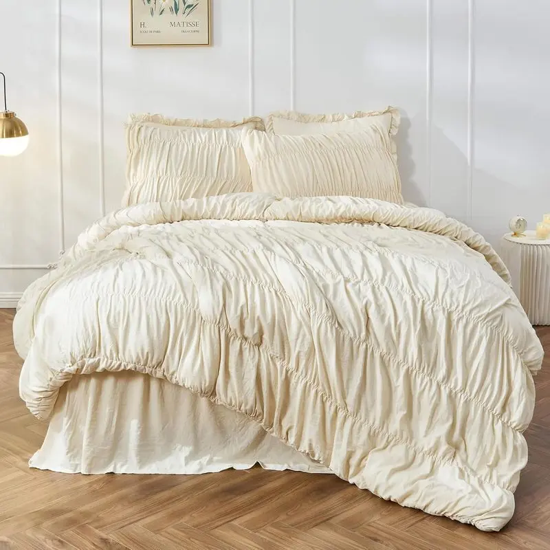 Queen Comforter 3-Piece Ruched Ruffle Bedding Set - White, Fluffy, Wrinkle Resistant, Boho Shabby Chic, Cozy with Pillowcases for Home Decor, Cozy Bedroom