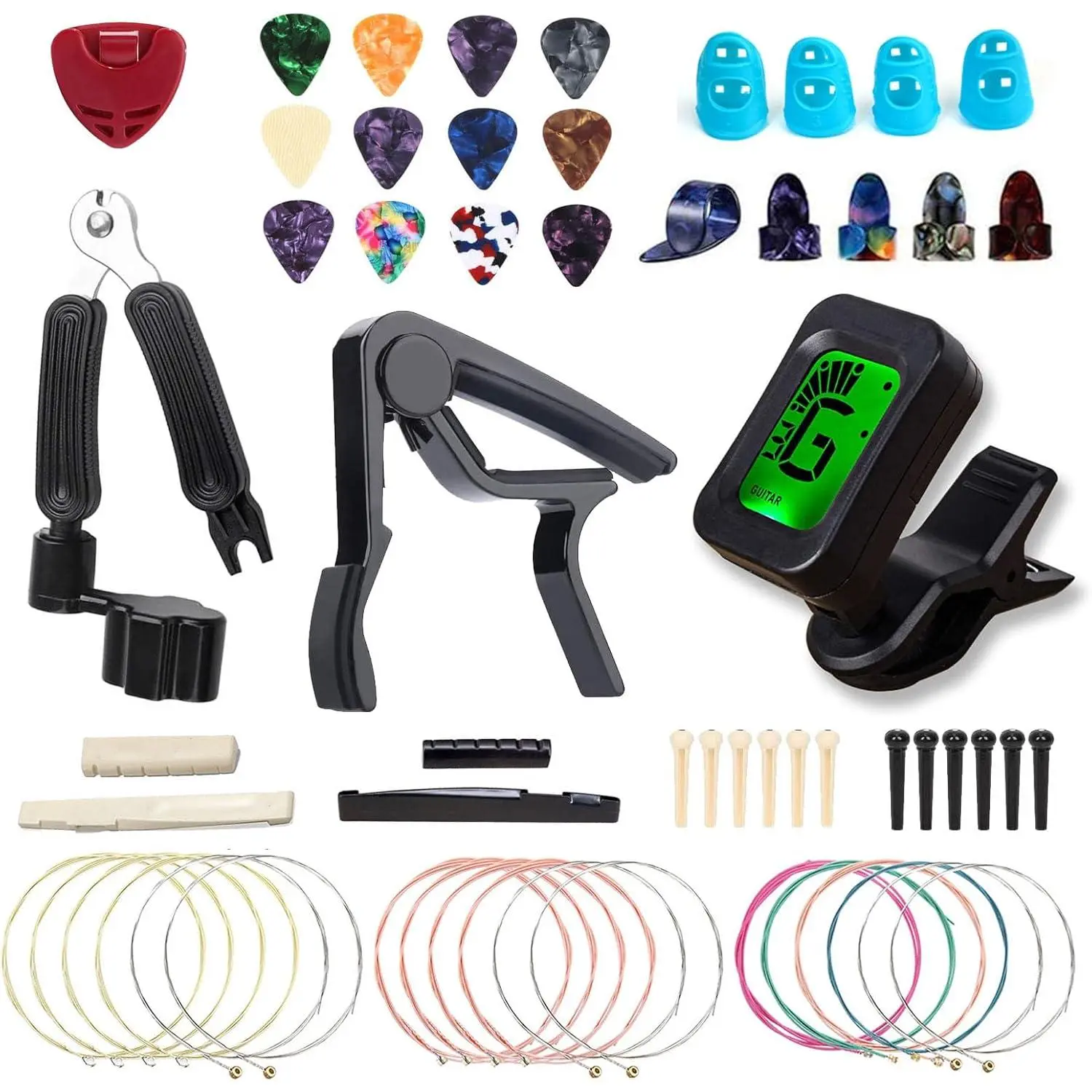 Acoustic Guitar Accessories Kit Including Guitar Strings,Tuner,Guitar Capo, Restring Tool,Pick Holder,Bridge Pins,Finger Picks,Guitar Nuts and Saddles