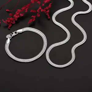 925 Sterling Silver Jewelry Set for Men Women, 6MM Geometry Bracelet Necklace Set Luxury Fashion Party Wedding Jewelry