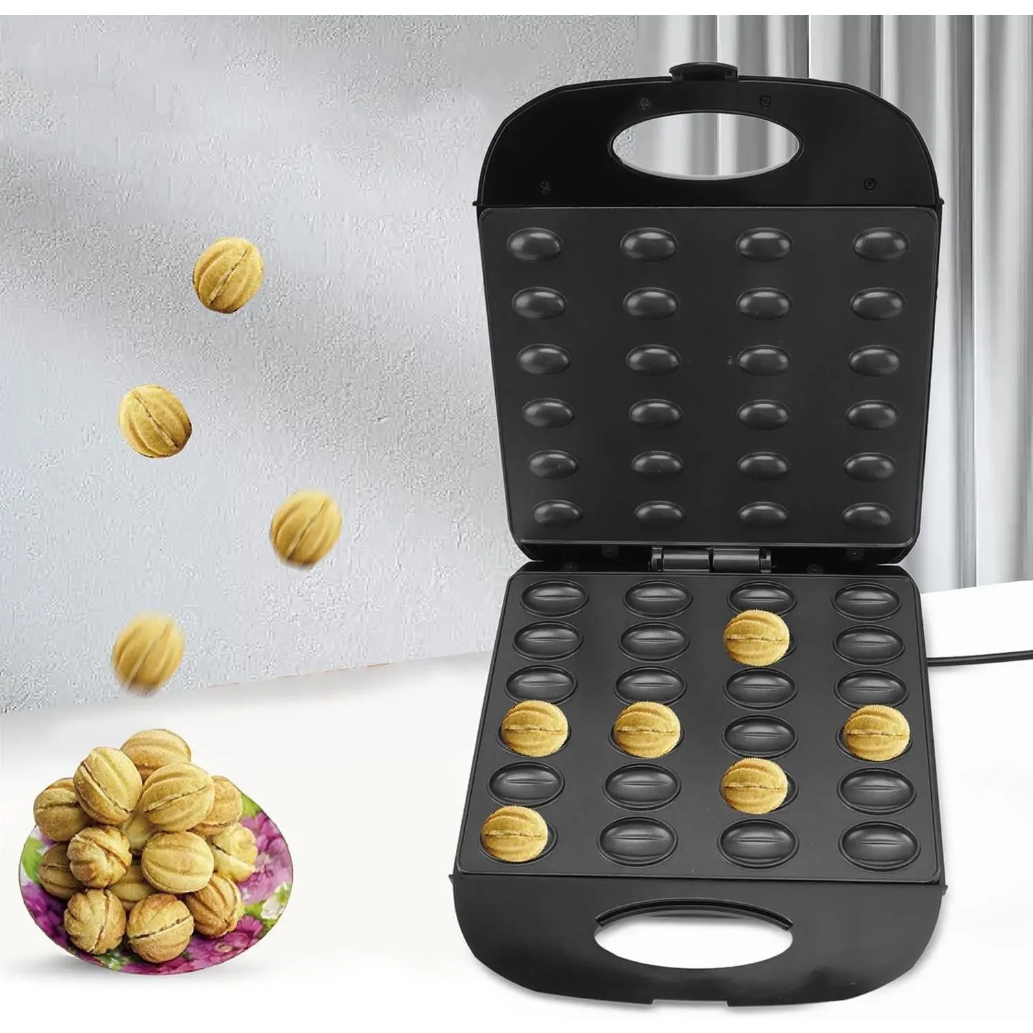 Electric Walnut Cake Maker,1400W 24pcs Capacity Automatic Mini Nut Waffle Bread Machine Sandwich Iron,Cooking Breakfast, Pan Oven,Gifts(American Plug)
