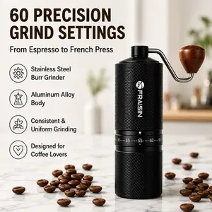 Portable Manual Coffee Grinder for Camping, 60 Adjustable Settings, Stainless Steel Burr, Smooth Hand Grinder, Ideal for Home & Camping