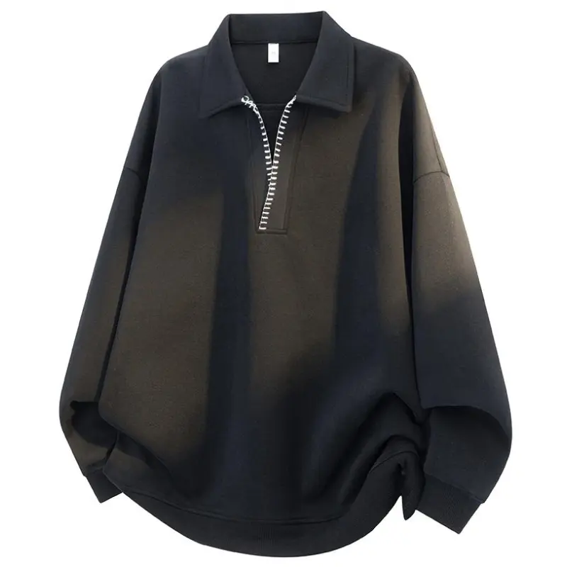 Men's Minimalist Comfortable Longsleeves Hoodie - Lapel Polo Sweatshirt with Black Contrast Stitching, Half-Zip Placket, Ribbed Hem & Cuffs, Loose Oversized Silhouette, Soft Fleece Fabric, Casual Vintage Style for Spring Autumn Daily Outfits