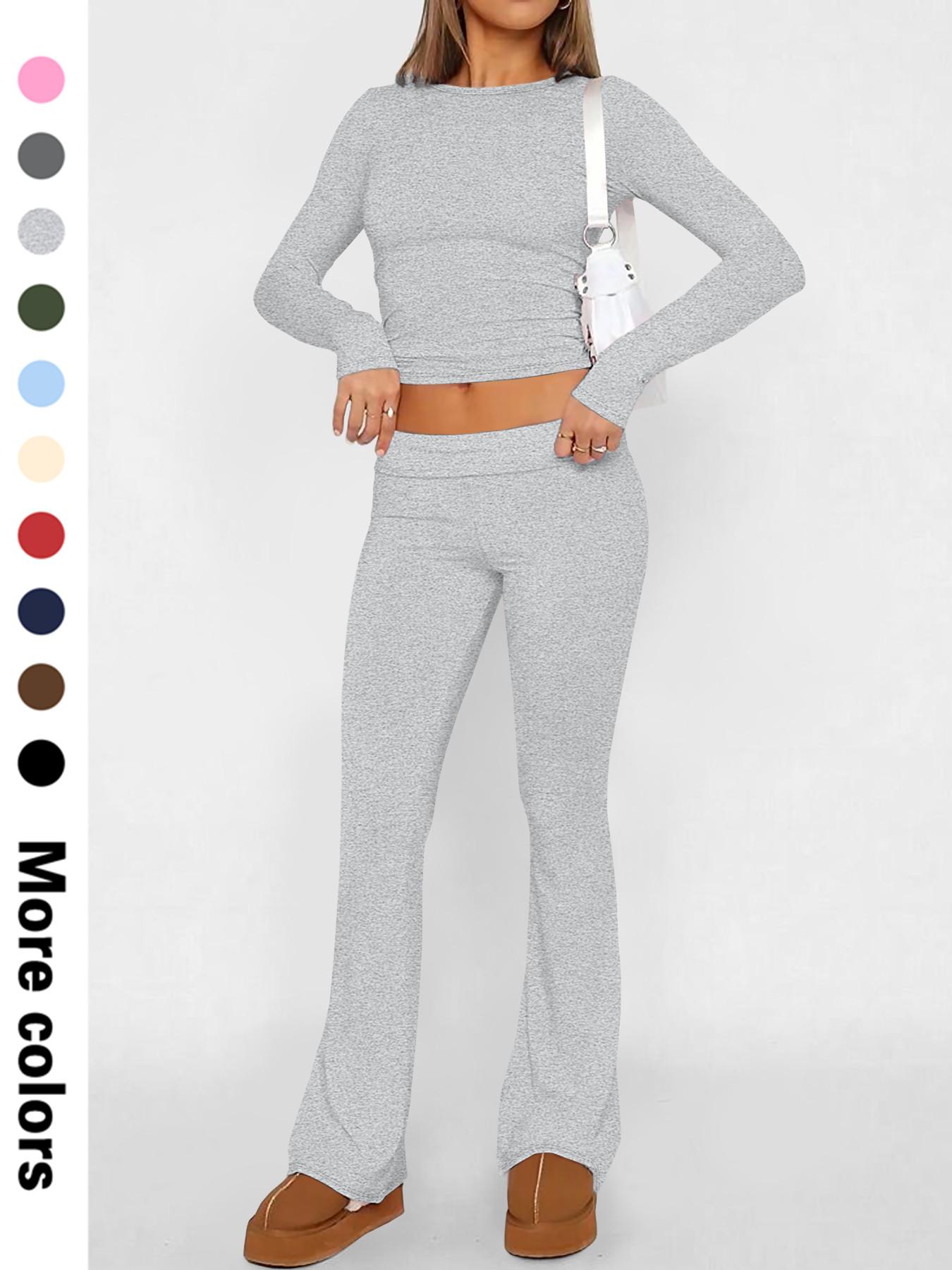Two-Piece Set Women's Solid Color Long Sleeve Crop Tee & Flare Leg Pants, Casual Fashion Cozy Round Neck Top & Bell Bottom Trousers for Daily Outdoor Wear, Women's Clothing for Fall & Winter