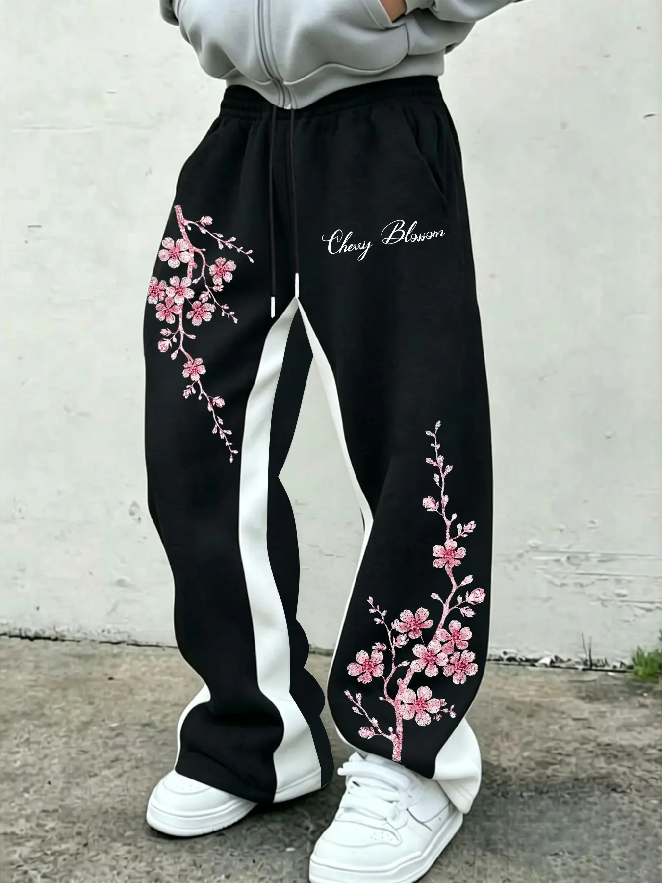 Viral TikTok Cherry Blossom Graphic Sweatpants, Harajuku Style Wide Leg Joggers with Glitter Floral Print, Elastic Waist Drawstring Streetwear Pants, Black and White Color Block Casual Trousers for Street Style & Gym