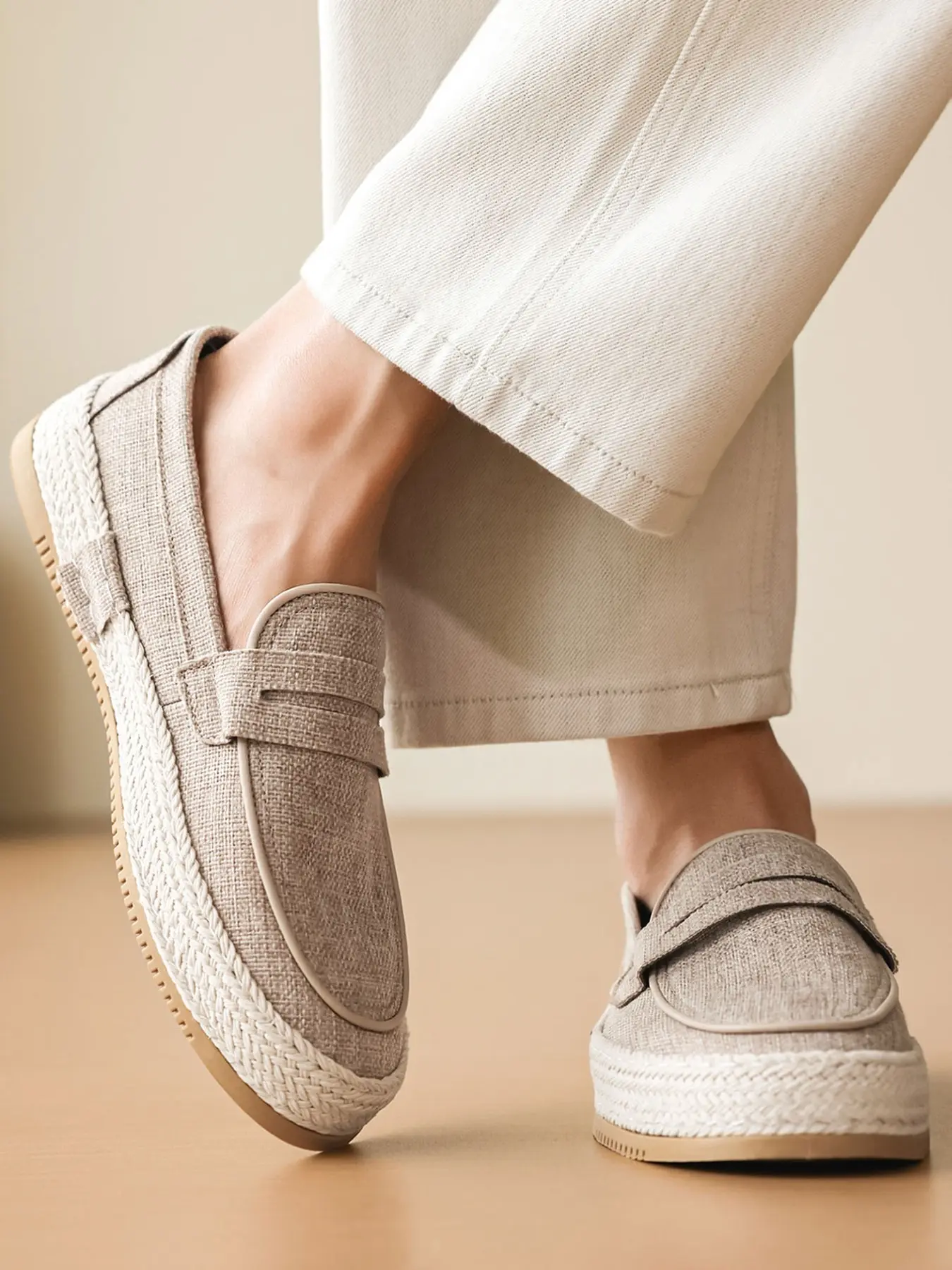 Men's Thick Sole Loafers, fashionable casual loafers, Casual Linen Boat Shoes, Walking Shoes, Solid Color, Comfortable Breathable, Slip-On, All Seasons, Business & Party Wear