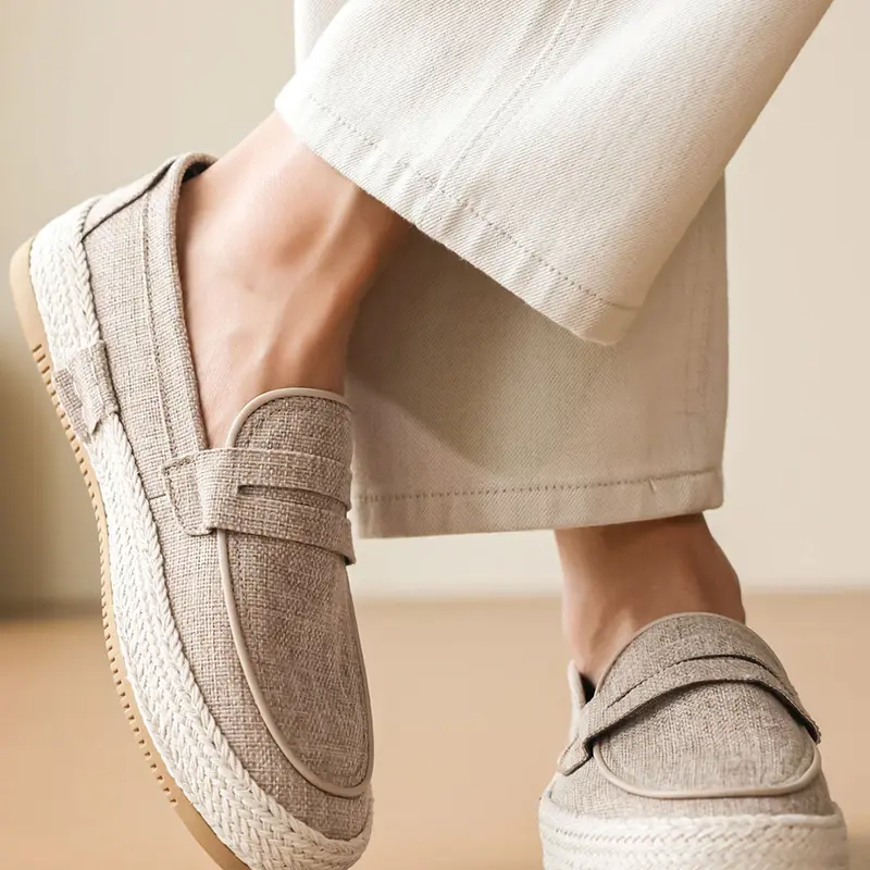 Men's Thick Sole Loafers, fashionable casual loafers, Casual Linen Boat Shoes, Walking Shoes, Solid Color, Comfortable Breathable, Slip-On, All Seasons, Business & Party Wear, Summer Shoes, Durable Casual Shoes