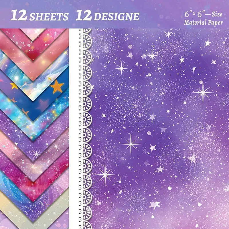12 Sheets 6x6 Inch Dreamy Starry Sky Art Paper, Galaxy Nebula Theme Cardstock, Ideal for Scrapbooks, Gift Wrapping, Creative Crafts