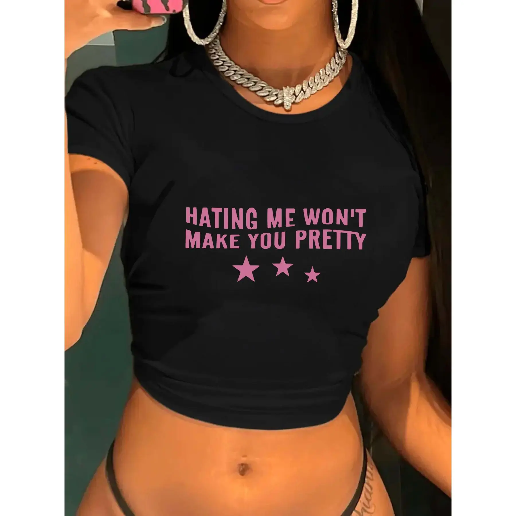 Womens Pure - Black Crop Top: Black Hot Attitude Crop Top Fierce Fabulous Statement Style - Easy Maintenance Perfect for Seasonal Style Fashion-Forward Graphic Top