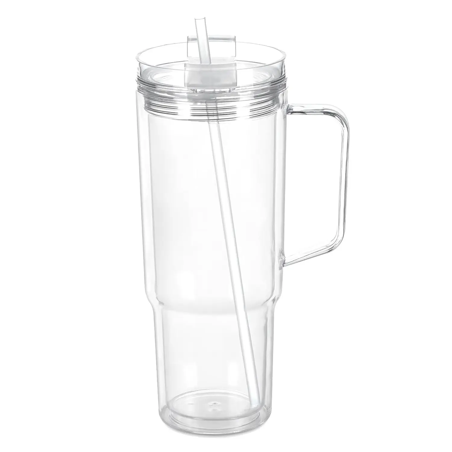 40 Oz Reusable Plastic Coffee Cup with Handle, Transparent Travel Mug with Lid and Straw, Dual Wall Design for Juice Milk Smoothie Soda