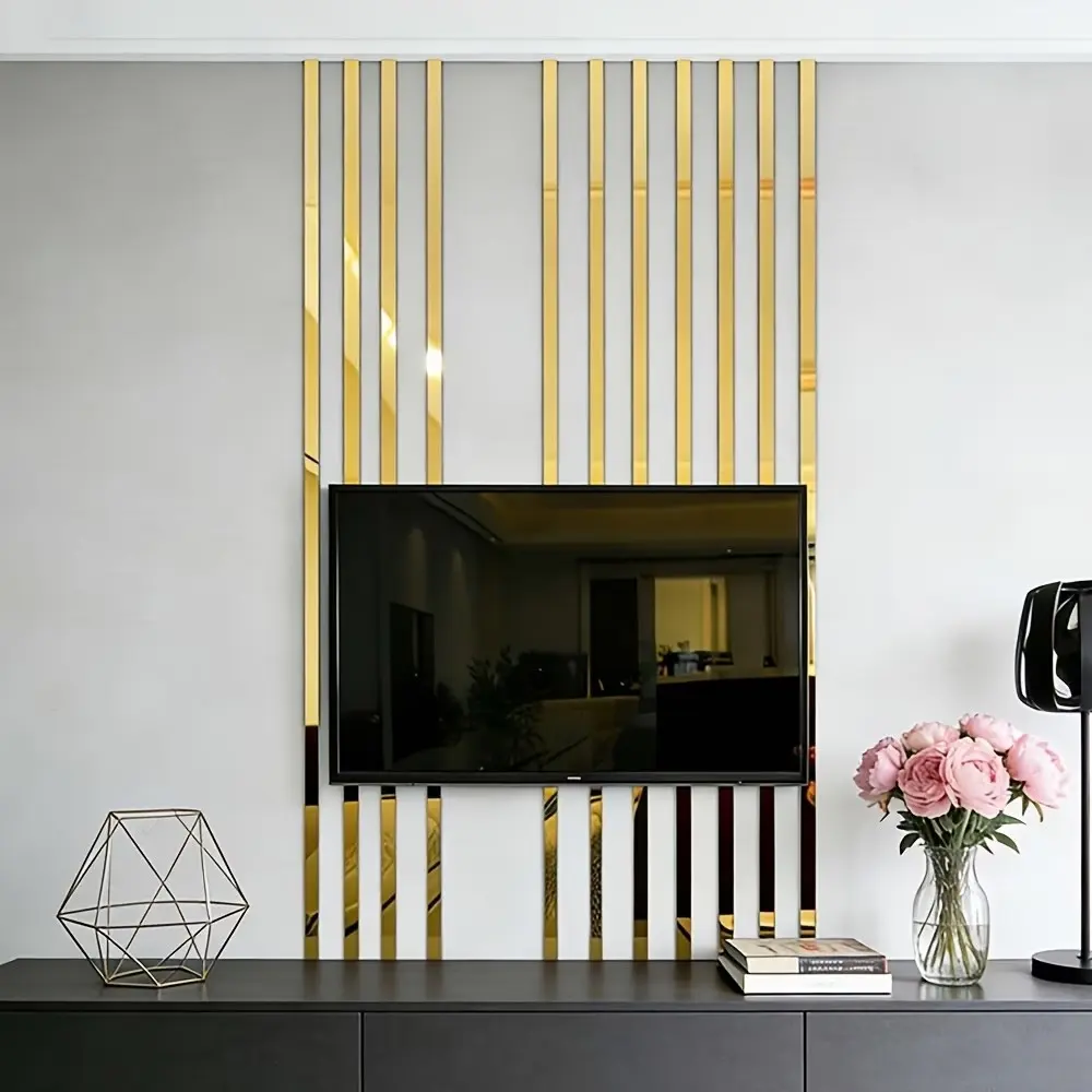 10 pieces of golden, long acrylic mirror wall stickers, self-adhesive decorative strips, measuring 3x50 centimeters, easy to install without drilling, suitable for Home decor, living rooms, bedrooms, ceiling borders, and TV background walls