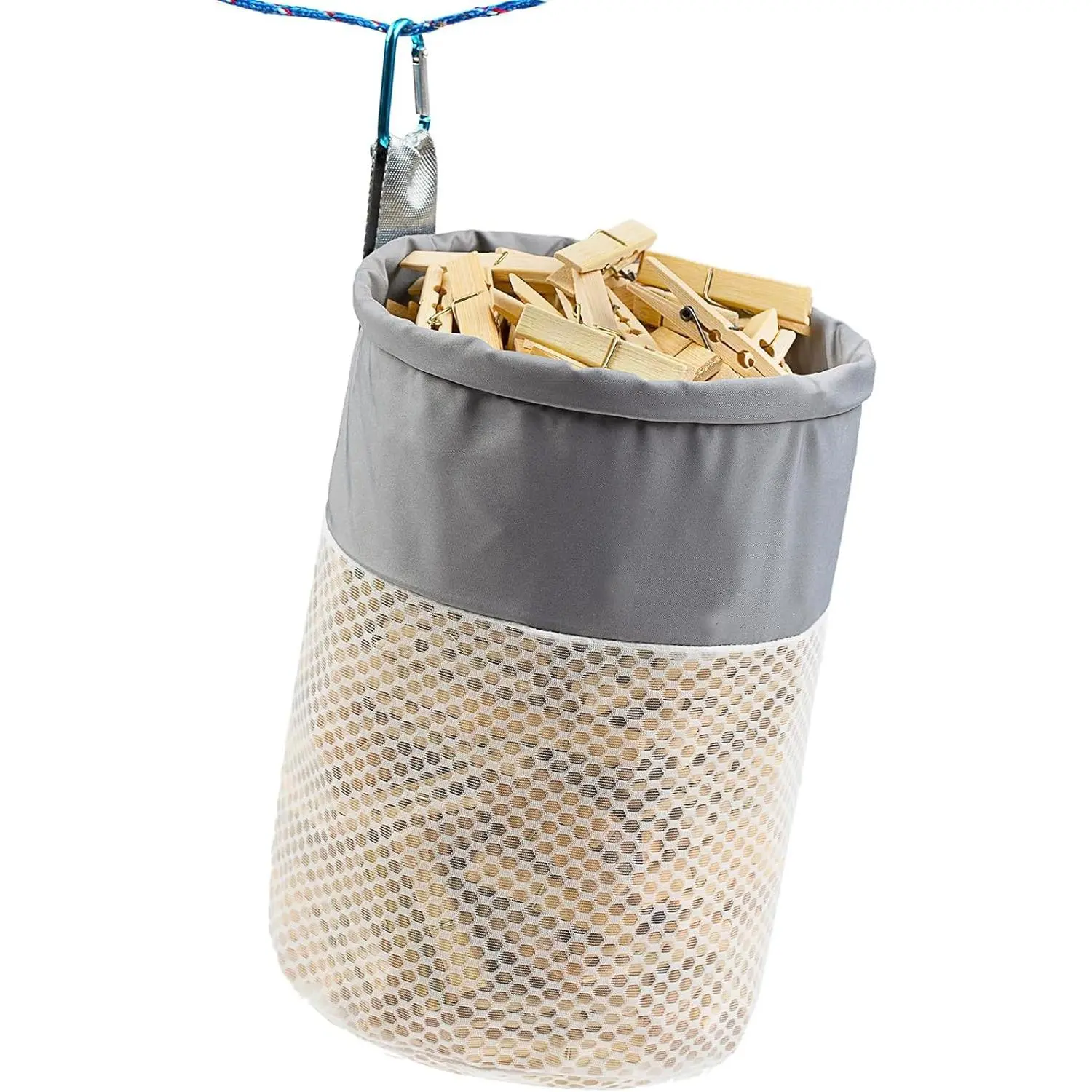 Mesh Clothespin Bag Holder Outside Ventilation Moisture Resistance Multiple Hanging Methods Clothespin Bag with Drawstring Closure Large Capacity Clothespin Storage Organizer with Hooks
