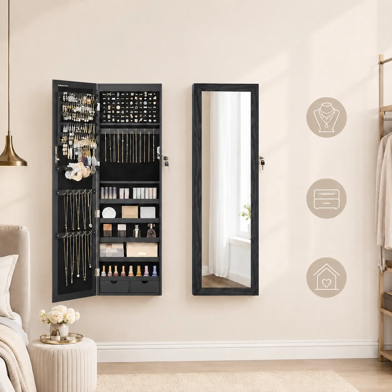 Full-Length Mirror Jewelry Armoire with 6 LED Lights, 3 Color Modes, Wall-Mounted Space-Saving Makeup Cabinet, Jewelry Organizer with Storage Shelves for Accessories, Cosmetics, Earrings, Rings & Necklaces