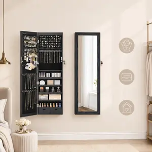 Full-Length Mirror Jewelry Armoire with 6 LED Lights, 3 Color Modes, Wall-Mounted Space-Saving Makeup Cabinet, Jewelry Organizer with Storage Shelves for Accessories, Cosmetics, Earrings, Rings & Necklaces