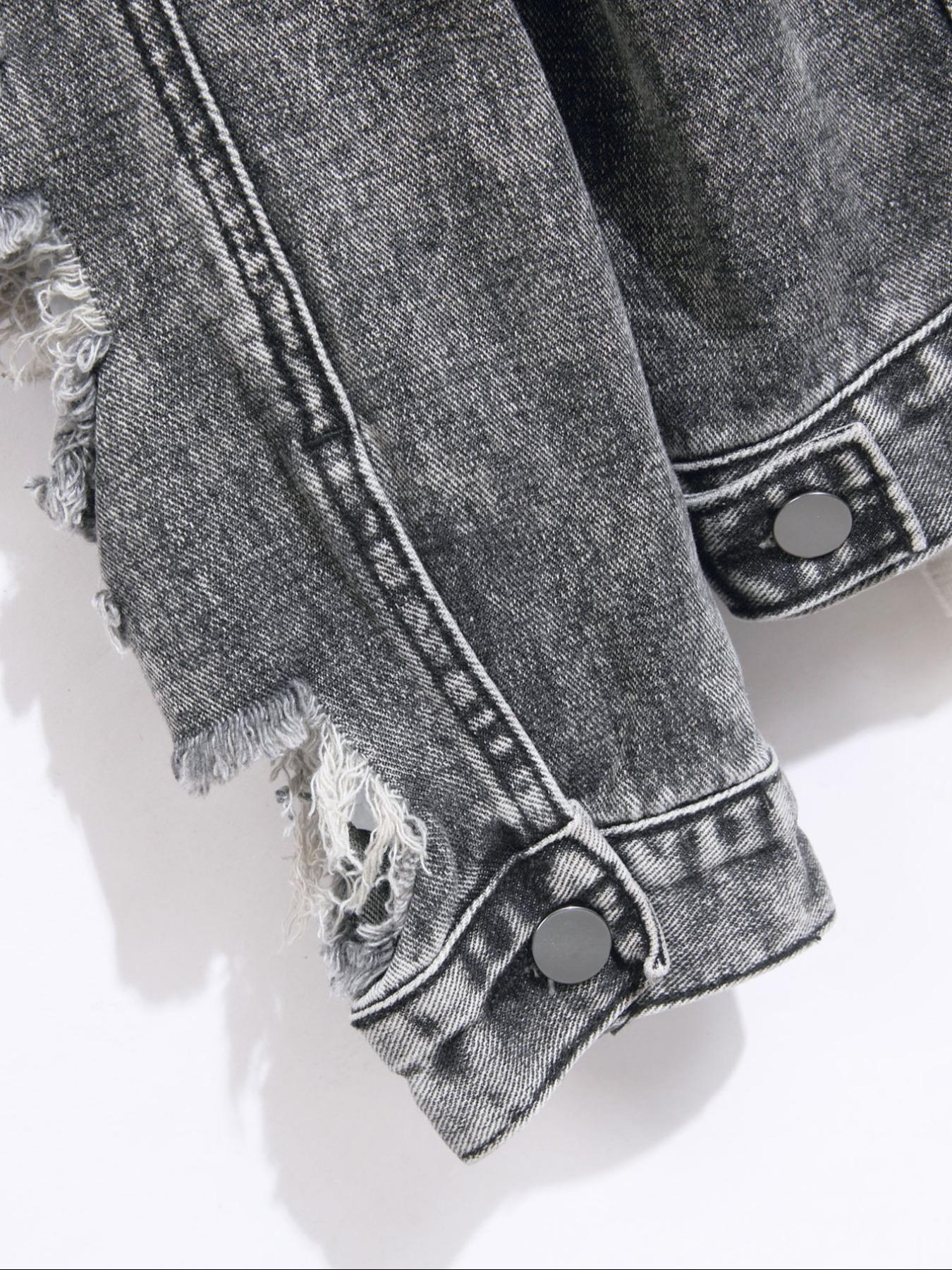 Men's Distressed Ripped Denim Jacket, Denim Jean Jacket, Fashion Comfy Longsleeves Outerwear for Daily Wear, Men's Clothing for All Seasons, Cotton Menswear, Casual Style Outerwear, Casual Fall Jacket, Casual Jacket Coat, Clothe, Vintage Street Wear