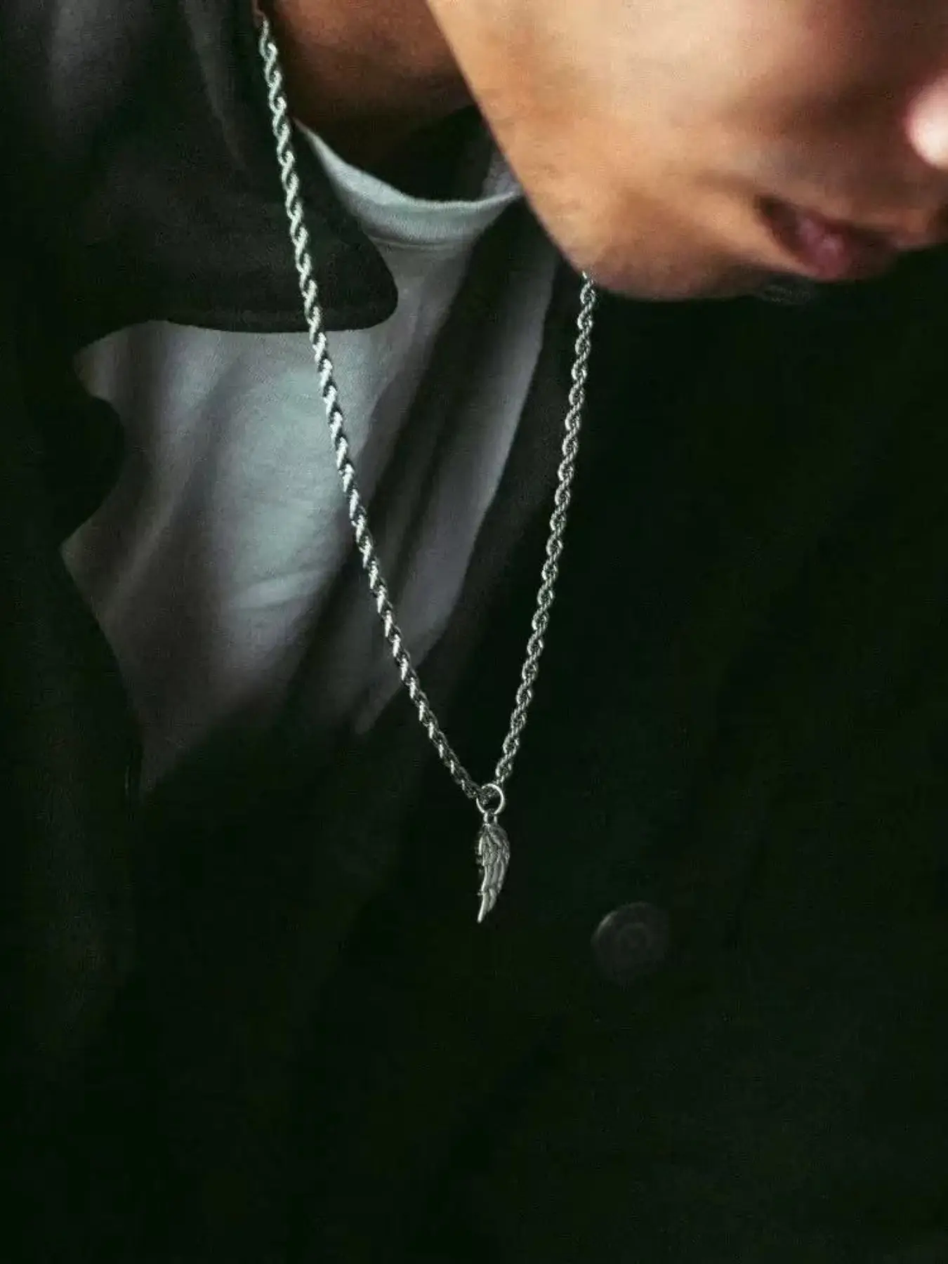Vintage Men Feather Wings Pendant Necklace Simple 18k Gold Color Stainless Steel Twist Chain Necklace Fashion Punk Jewelry