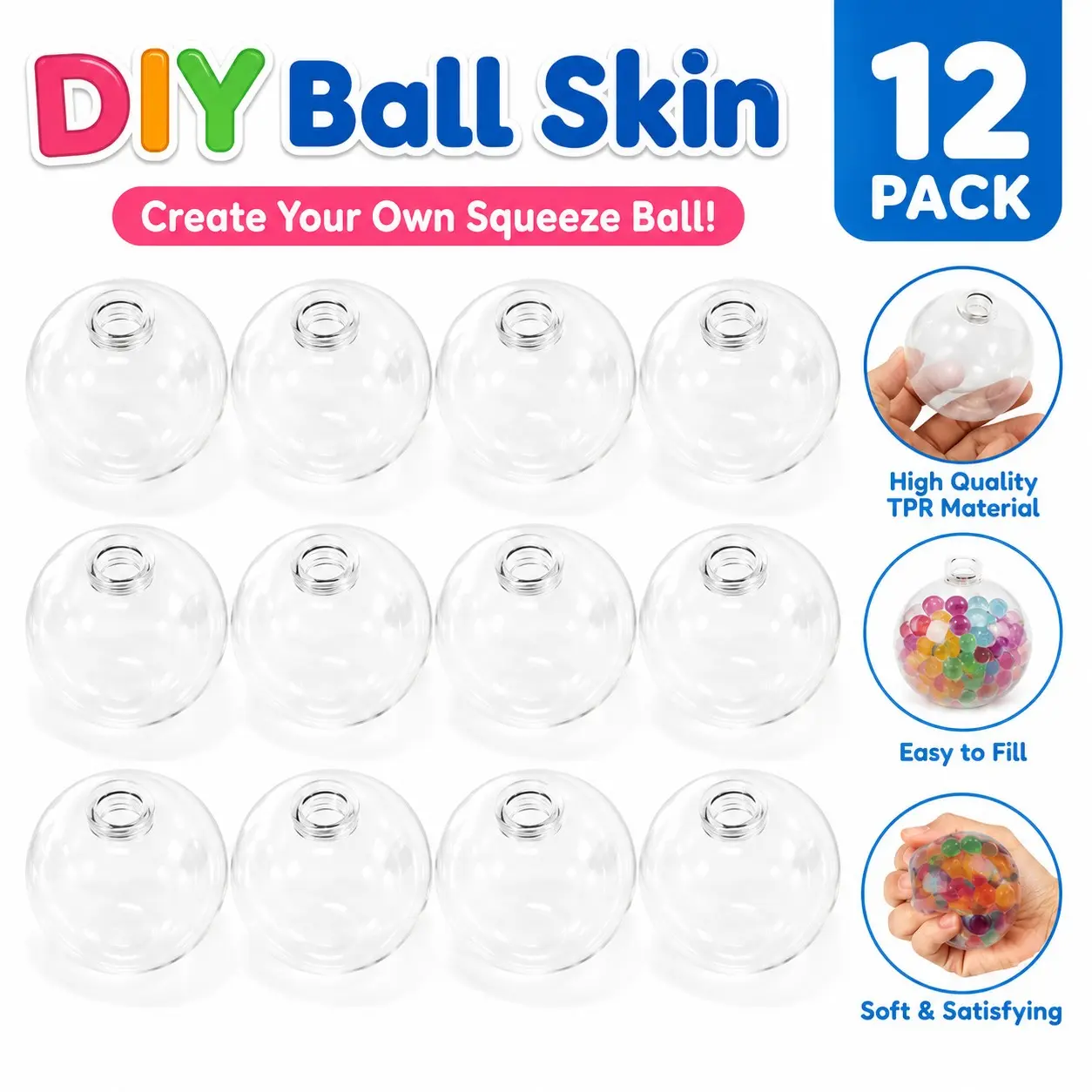 12-Pack 6cm/2.36inch Tpr DIY Stress Ball Skin Kit, Hollow Soft Gel Shell, No Glue Needed, Creative Craft Set for Kids & Adults, Pressure Relief Toy Material