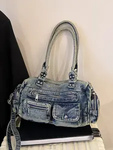 1pc Ladies' vintage washed denim with multiple zippers and pockets design, double handles and included crossbody shoulder strap, retro street style large capacity bag, Crossbody Bags, a must-have item for daily travel and street fashion