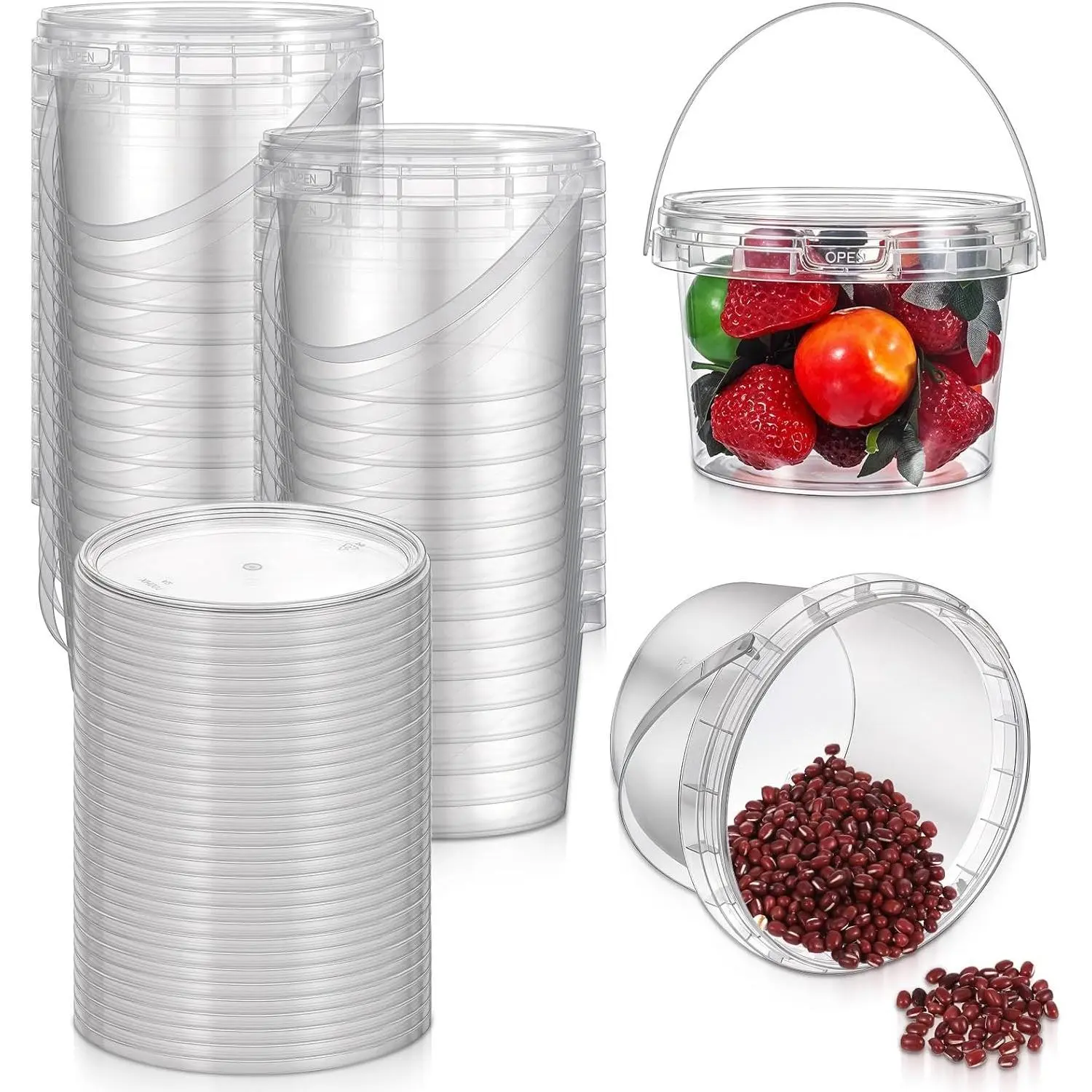 40 Pcs 16oz Clear Plastic Buckets with Handles and Lids, Reusable Ice Cream Tub Airtight Food Storage Container Pails for Kitchen, Party Snacks, Camping Drinks