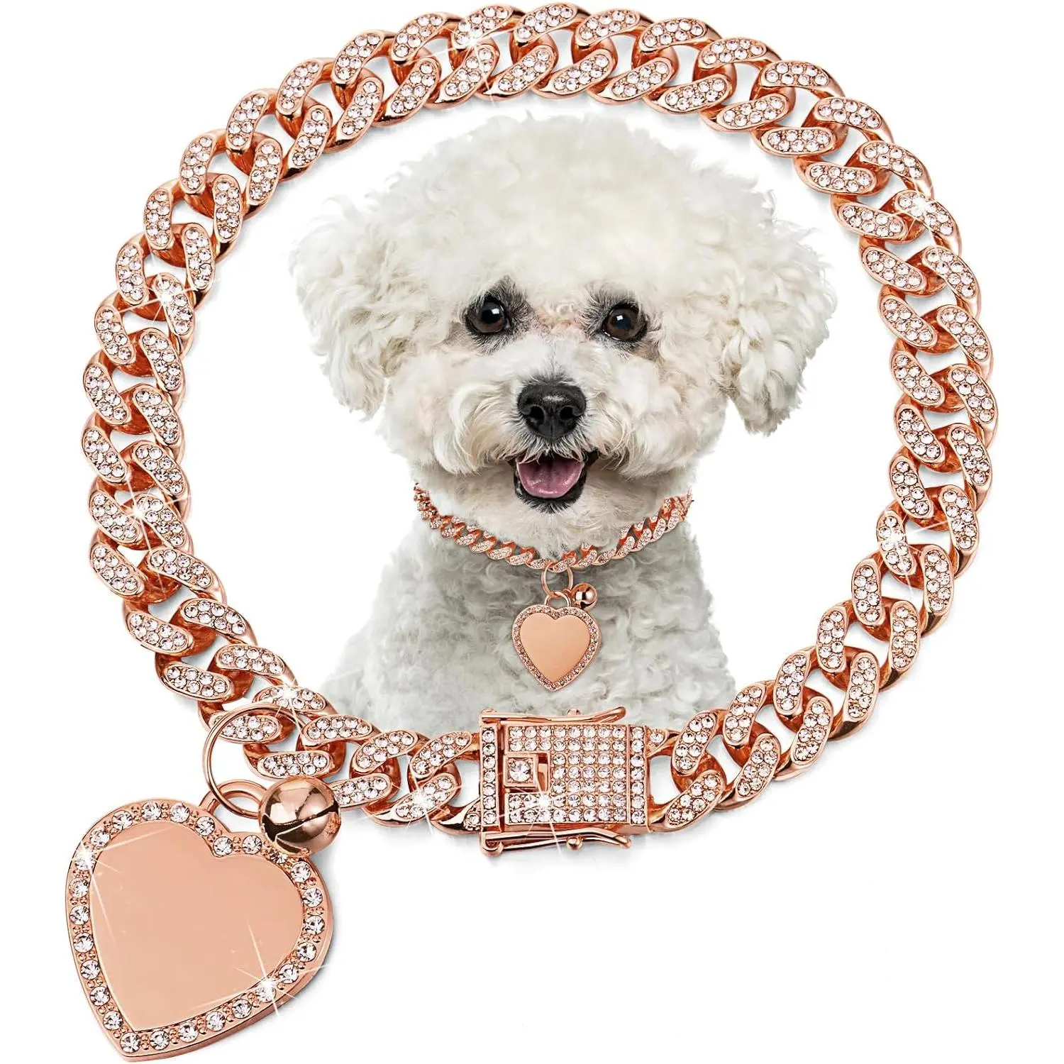 Gold Plated Rhinestone Heart Dog Collar - Bling Crystal Pet Neck Jewelry, Sparkly Accessory for Small to Large Dogs and Cats