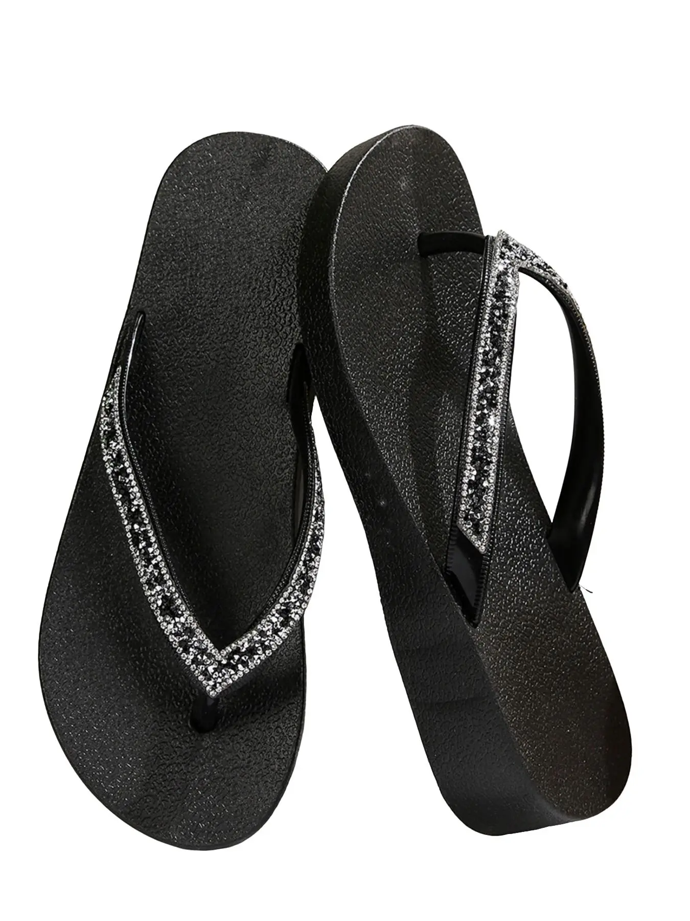 Luxury Rhinestone Thick Sole Sandals for Women, Anti-Slip Slope Heel Outdoor Wear, Vacation Flip Flops, Comfortable and Stylish