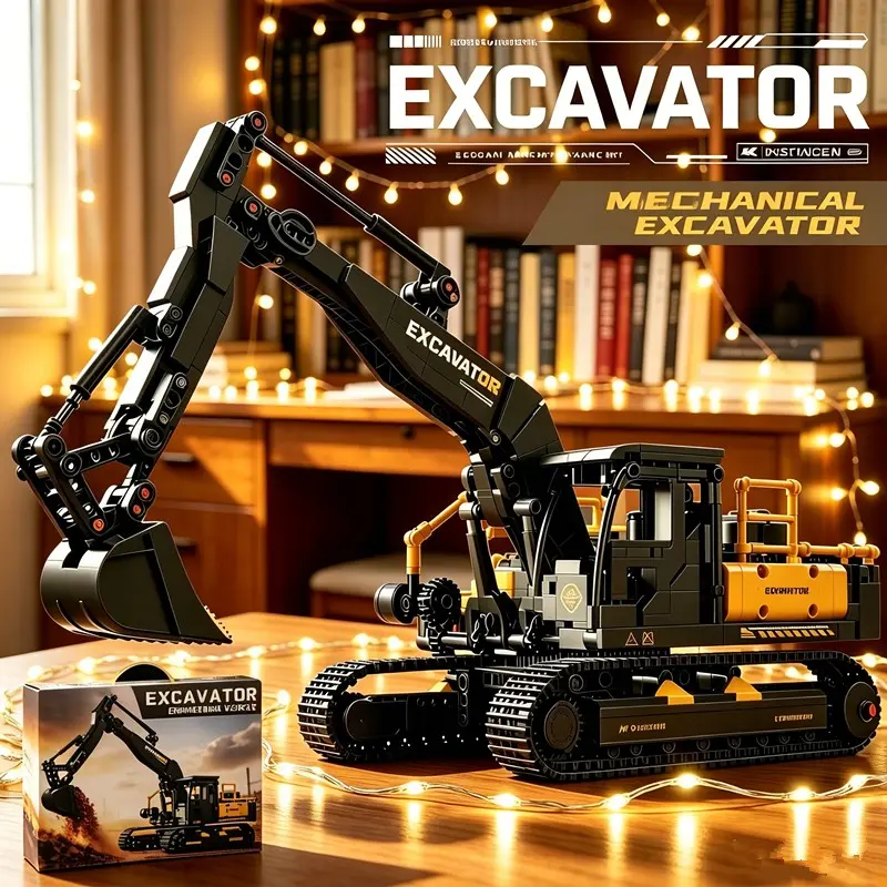 1000Pcs DIY Engineering Excavator 3D Building Block Model, Linked Rotatable Track Chassis, Collectible Display Ornament, Exquisite Gift Box, Educational Building Toy Gift for Boys