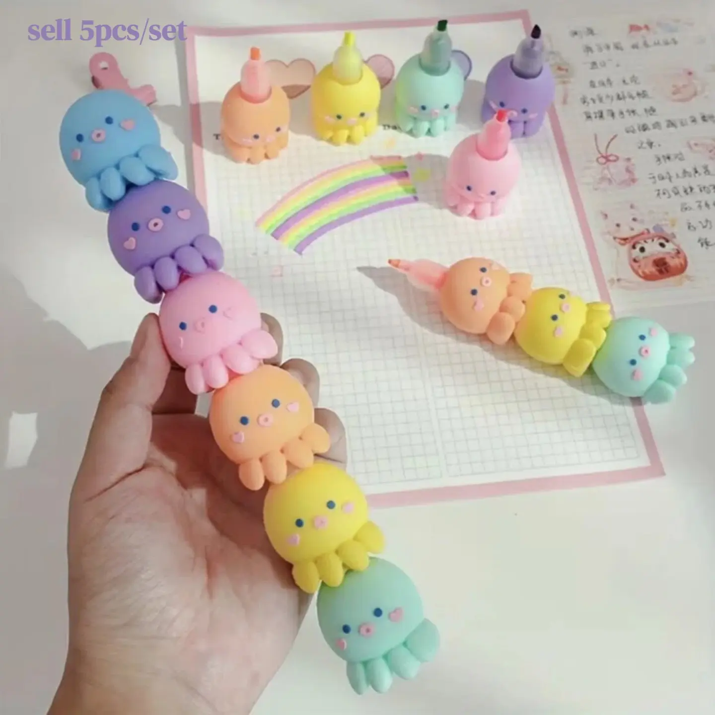 [Back-to- school gift] 5 Cute Octopus Highlighter Pen Set, InnovativeMarking Tool for Highlighting, Fluorescent Art AndDoodle Pens, Suitable for Educational AndProfessional Use