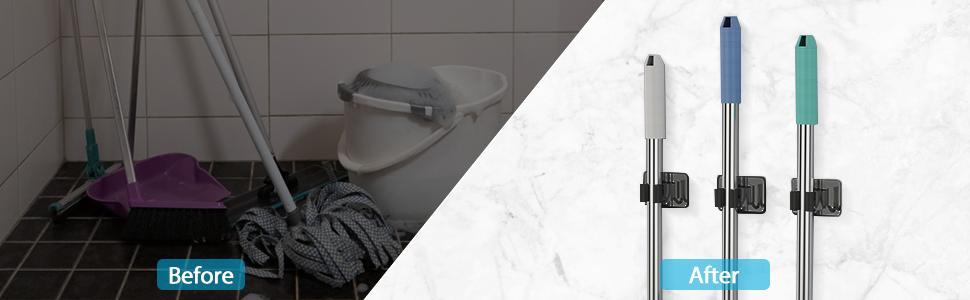 Mop Broom Holder No Drill, Mop Broom Organizer Wall Mounted Heavy Duty with Hooks Hanger, Self Adhesive Stainless Steel 4Pcs for Bathroom, Kitchen, Office (Black) Mop Broom Holder No Drill, Mop Broom Organizer Wall Mounted Heavy Duty with Hooks Hanger, Self Adhesive Stainless Steel 4Pcs for Bathroom, Kitchen, Office (Black)