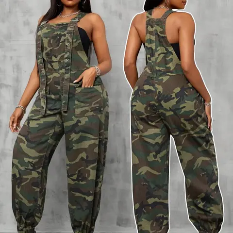 Women's Camouflage Print Sleeveless Denim Overalls, Adjustable Strap, Casual Comfy Streetwear Jumpsuit for Daily Wear, Ladies Clothes for All Seasons