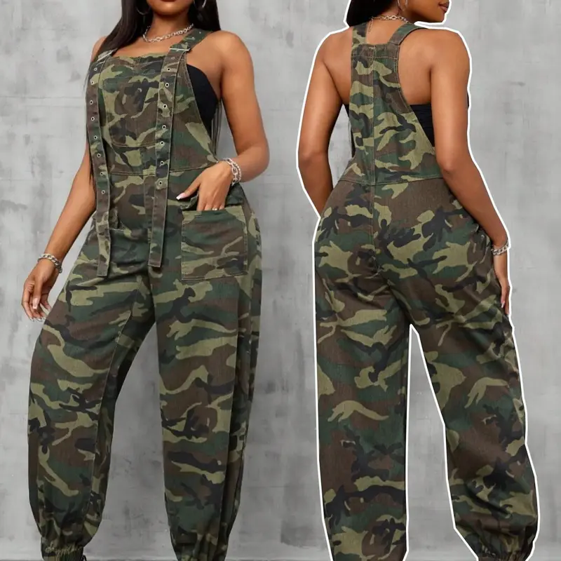 Women's Camouflage Print Sleeveless Denim Overalls, Adjustable Strap, Casual Comfy Streetwear Jumpsuit for Daily Wear, Ladies Clothes for All Seasons