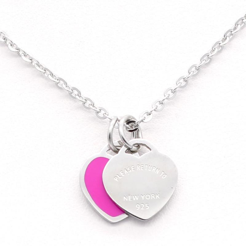 New luxury enamel pink double heart necklace, 18k gold titanium steel, versatile new style