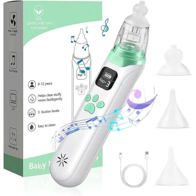Electric Nose Aspirator for Babies, Rechargeable Nasal Suction Tool, 3 Silicone Nozzles, Calming Music and Light Features