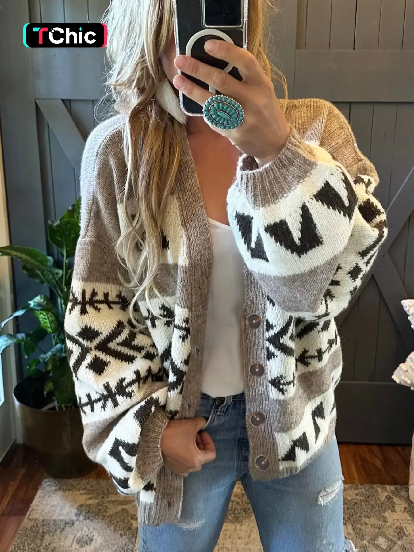 Women's Patchwork Geometric Print Button Front Cardigan, Casual Fabric Knitwear Drop Shoulder Lantern Sleeve Knitwear for Fall, Fashion Ladies' Knit Clothing for Daily Wear, Knitted Sweater, Lightweight Knit Sweater