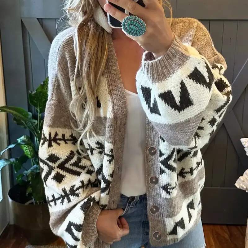 Women's Patchwork Geometric Print Button Front Cardigan, Casual Fabric Knitwear Drop Shoulder Lantern Sleeve Knitwear for Fall, Fashion Ladies' Knit Clothing for Daily Wear, Knitted Sweater, Lightweight Knit Sweater