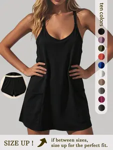 Women's Two-Piece Sporty Set, Sleeveless V-Neck Mini Dress with Shorts, Summer Athletic Dress, Ideal for Yoga and Swimming, Loose-Fitting