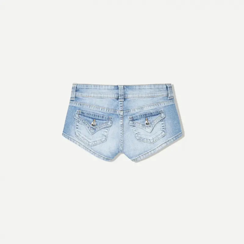 Lady's Low-Rise Distressed Mini Denim Shorts - Denim Fabric, Raw Hem, Skinny Wrap Fit, Basic Light Blue Sports Bottoms for Outdoor Activities, Distressed Look