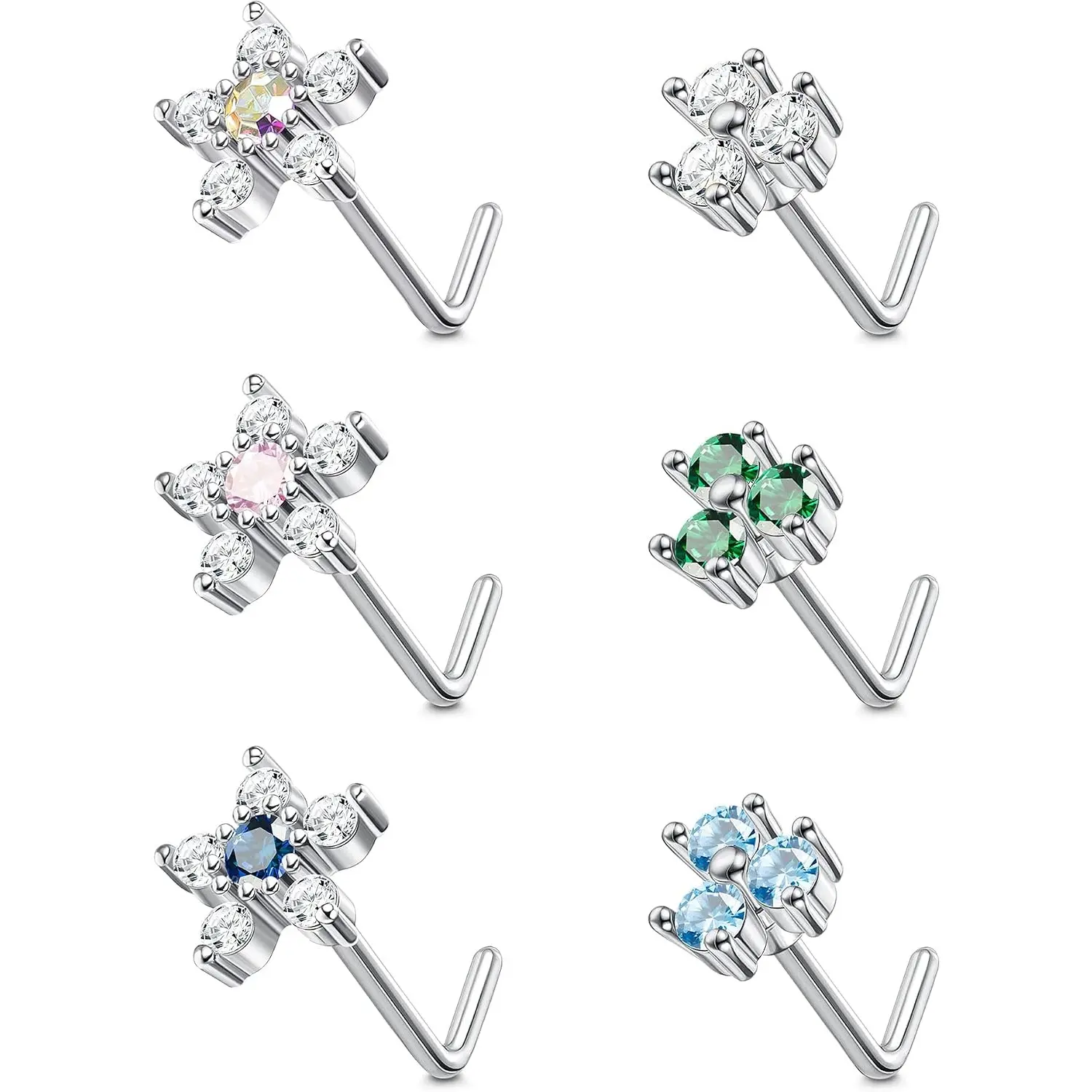 6 Pcs 20G Standard Size Lead-Free Safe Stainless Steel L-Shaped Nose Studs for Men-Women, Sparkling CZ Flower Butterfly Snowflake Clover Multi-Design Nostril Piercing Jewelry Set, Flower Shapes