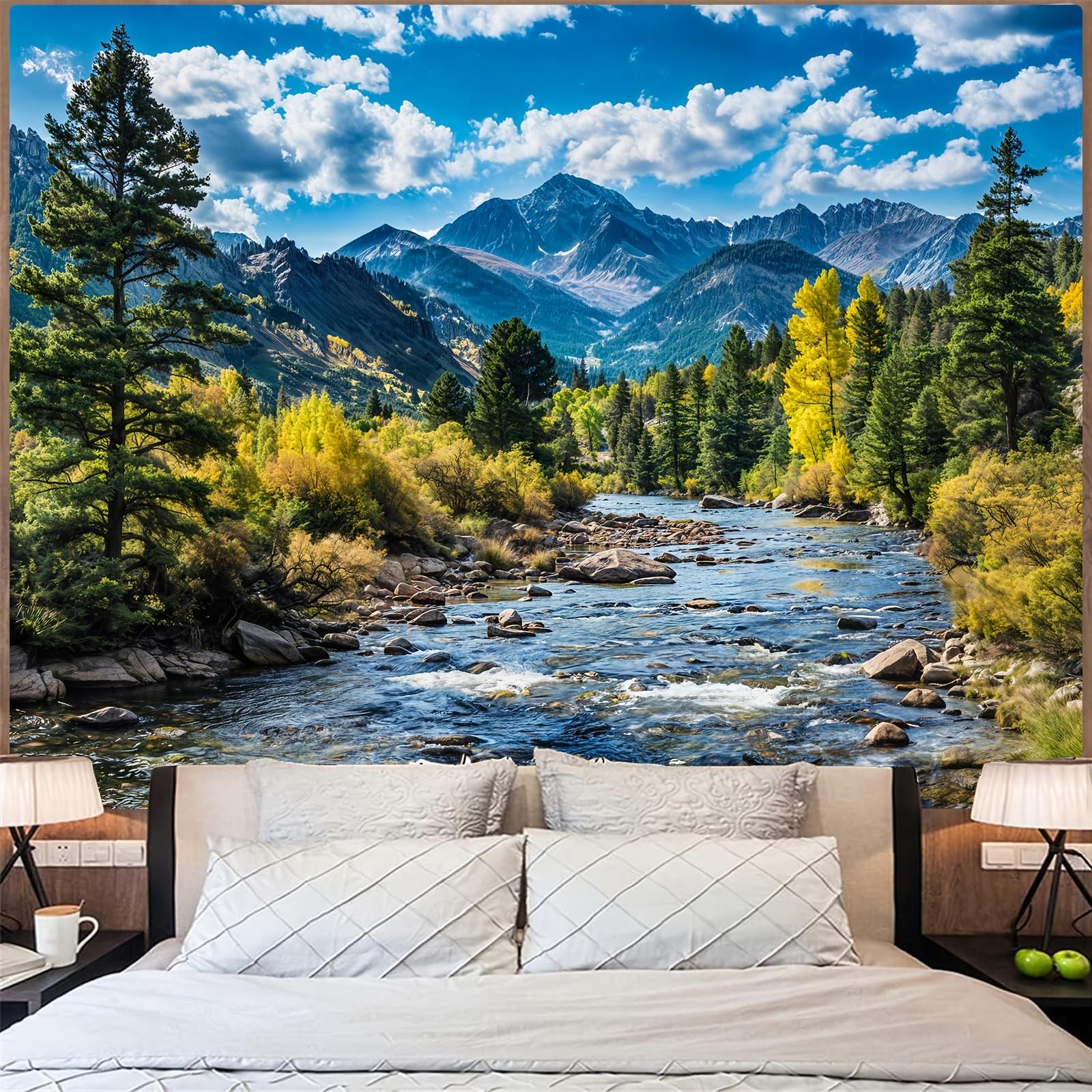 Nature Forest Mountain Tapestry Wall Hanging, Green Pine Tree Scenic Landscape with White Clouds Flowing River, Aesthetic Room Decor for Bedroom Living Room Dorm Office